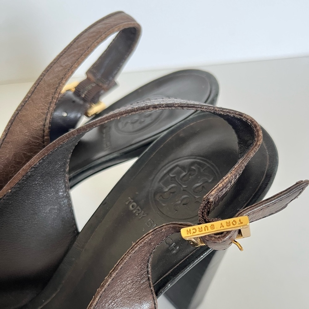 Tory Burch Brown Open Toe Slingback Wood Heel Size 8 Medium - Picture 5 of 9